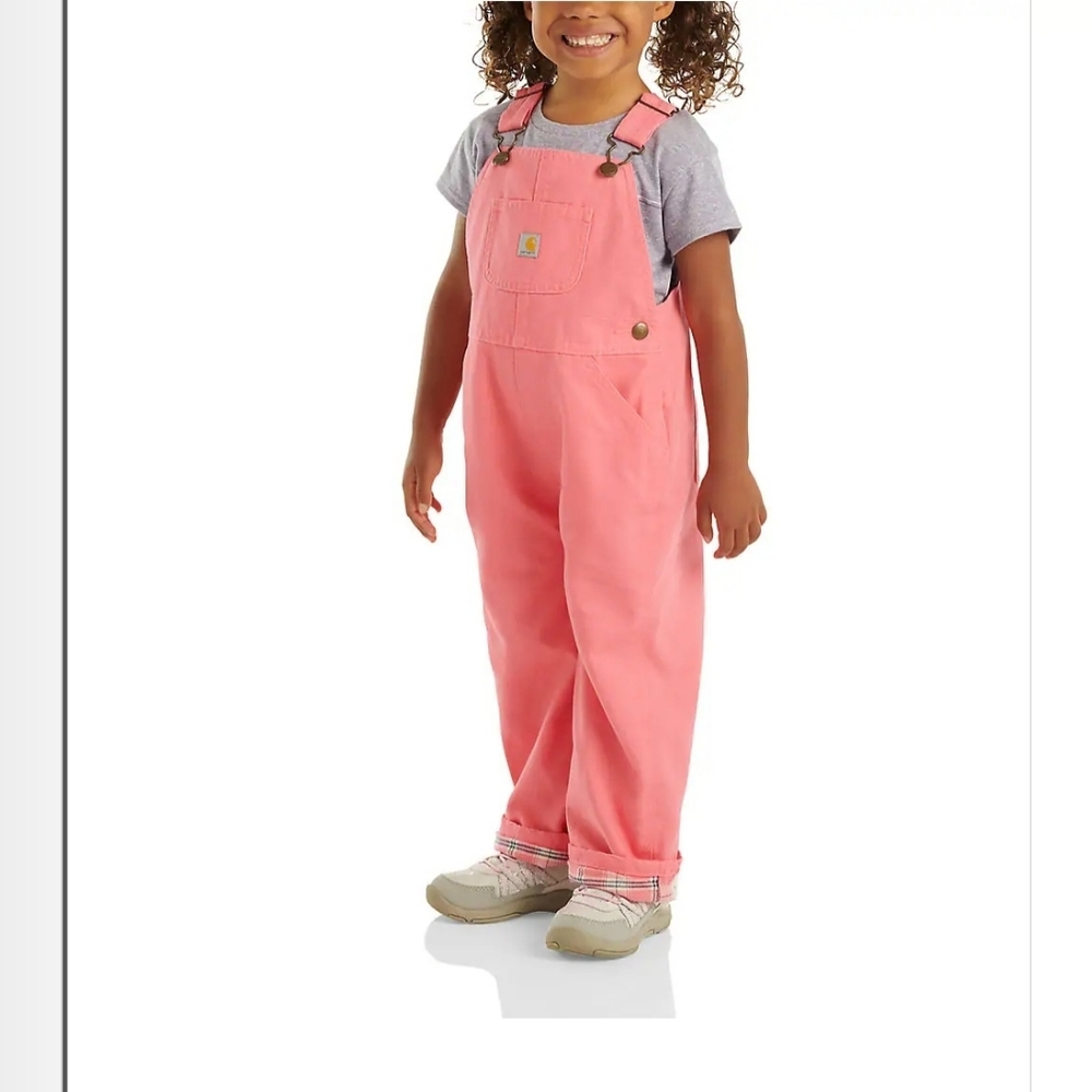 NWT Carhartt Kid's Pink Flannel Lined Loose Fit Canvas Bib Overall  Girls 3T
